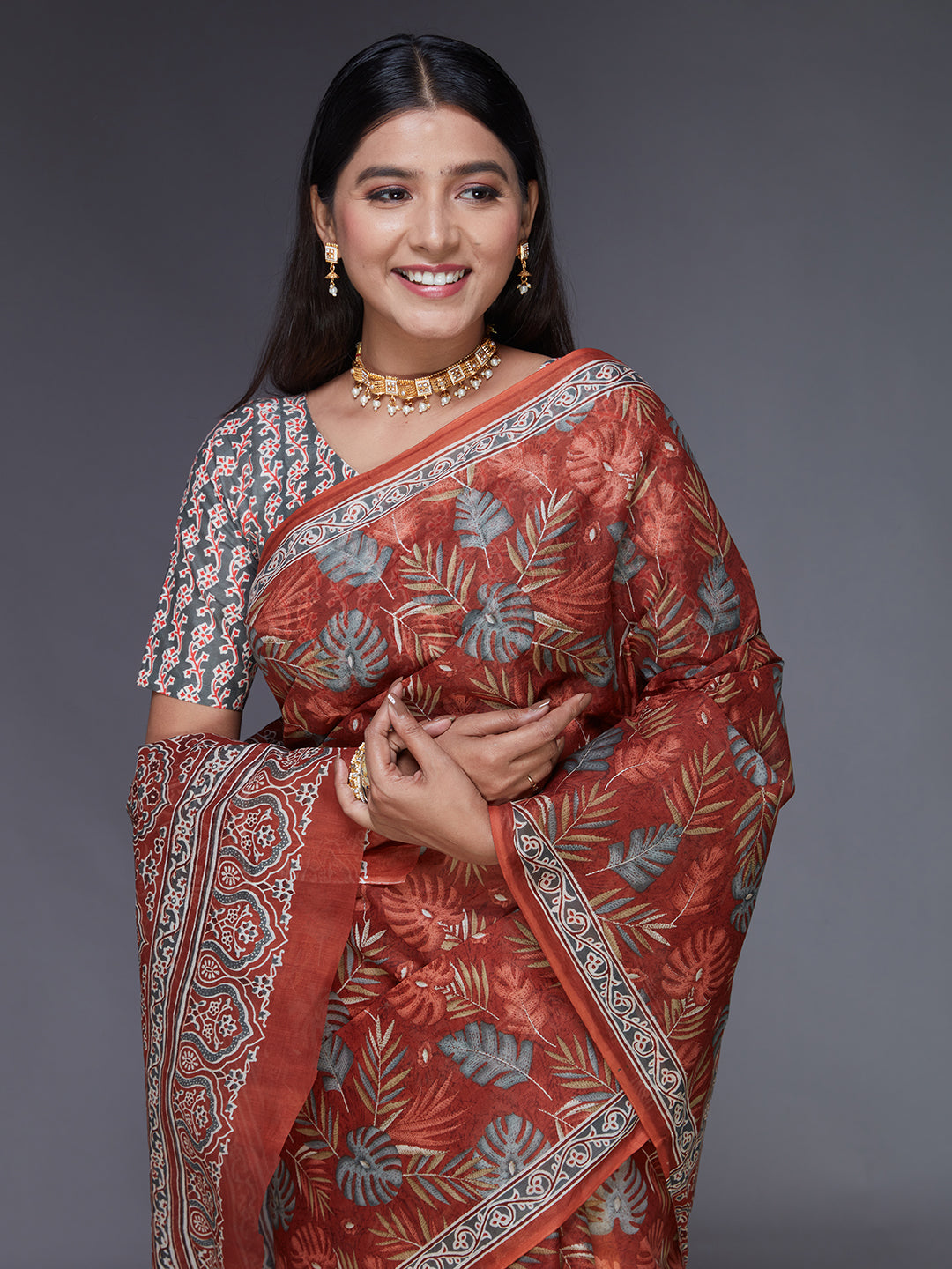 AARTI Brown Printed Pure Cotton Saree