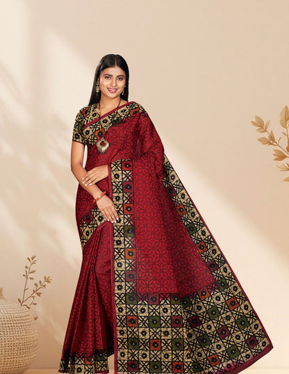 Red Batik Printed Pure Cotton Saree