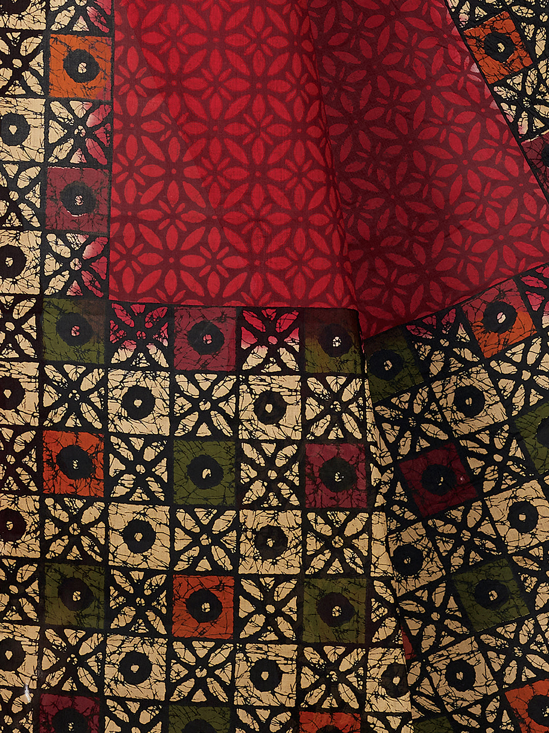 Red Batik Printed Pure Cotton Saree
