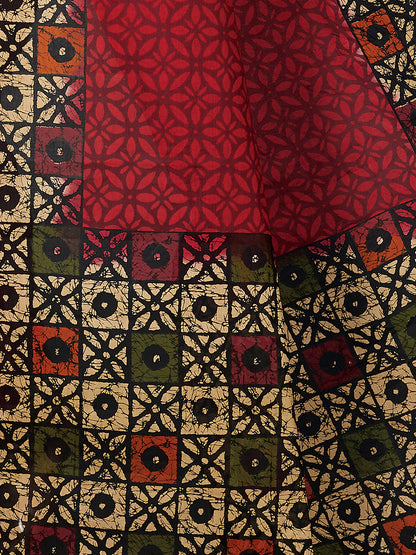 Red Batik Printed Pure Cotton Saree