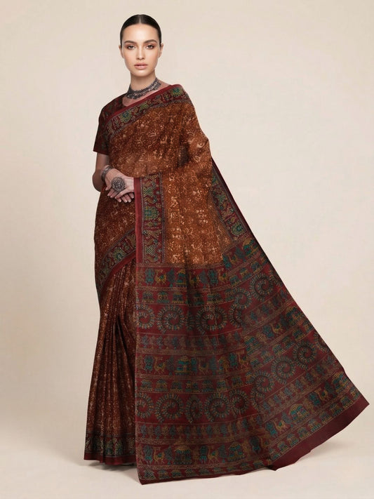 Rust Printed Pure Cotton Saree
