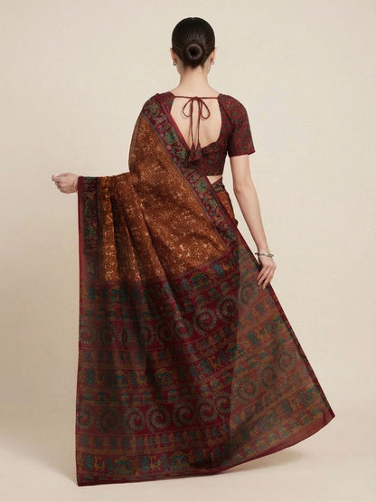 Rust Printed Pure Cotton Saree