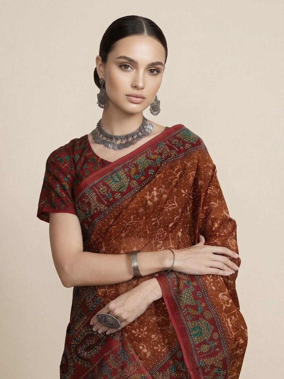 Rust Printed Pure Cotton Saree