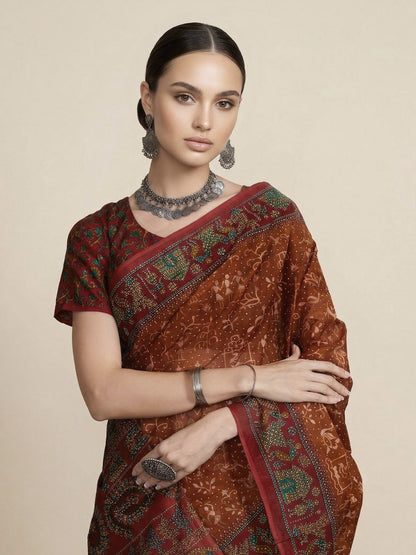 Rust Printed Pure Cotton Saree