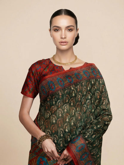 Green Printed Pure Cotton Saree