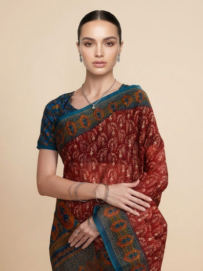 Rust Printed Pure Cotton Saree
