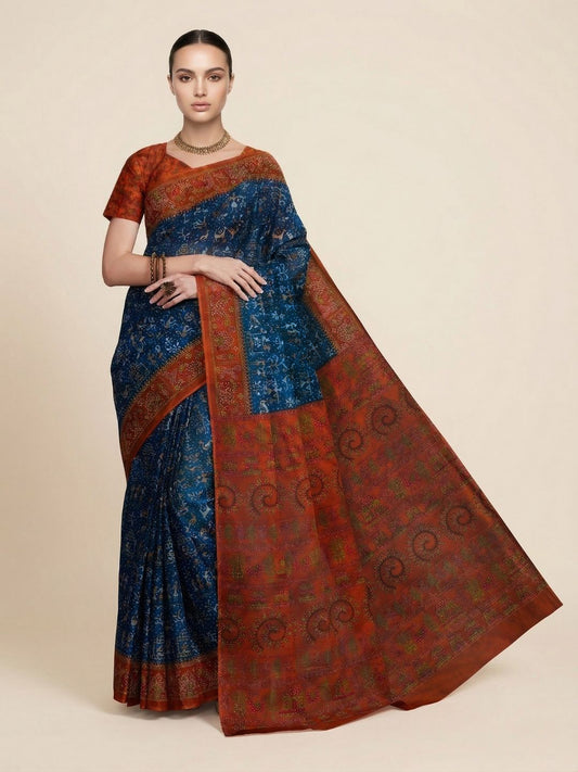 Blue Printed Pure Cotton Saree