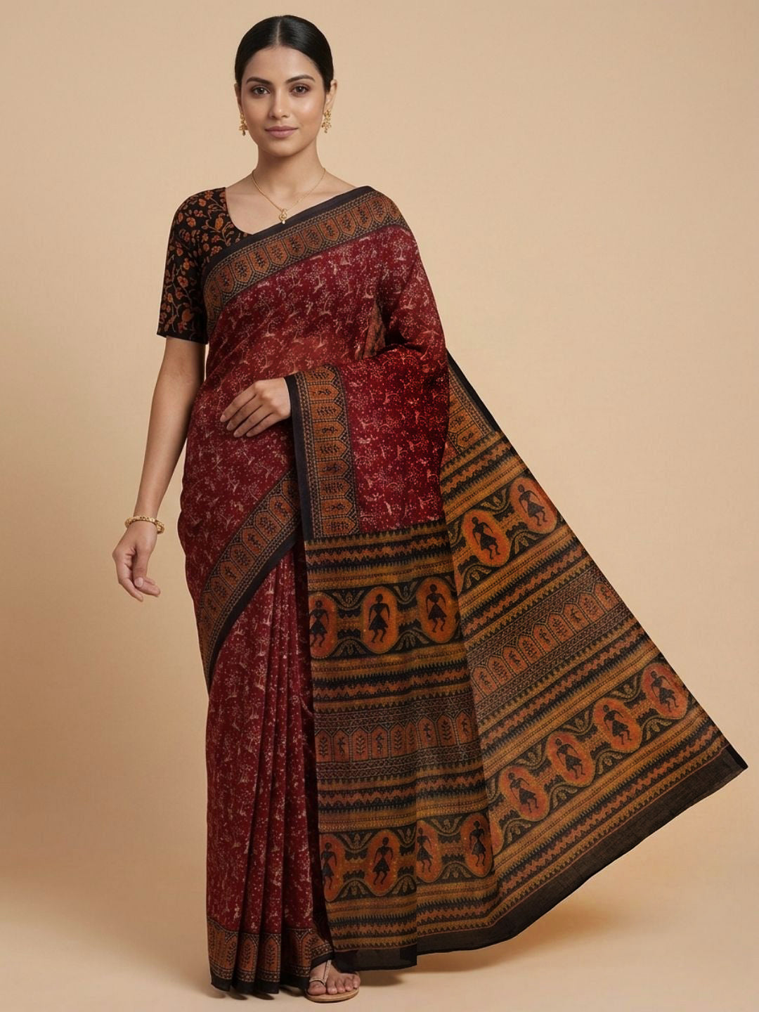 Maroon Printed Pure Cotton Saree