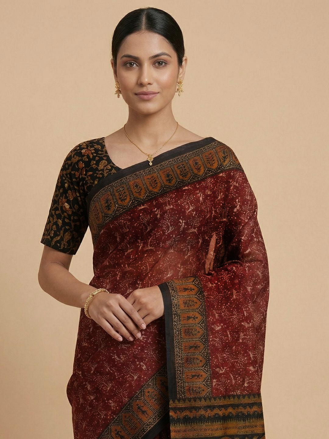 Maroon Printed Pure Cotton Saree
