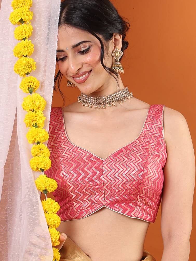 Pink Brocade Woven Design Sleeveless Padded Saree Blouse
