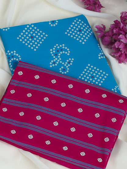 Blue & Pink Cotton Printed Unstitched Dress Material (2 Pc)
