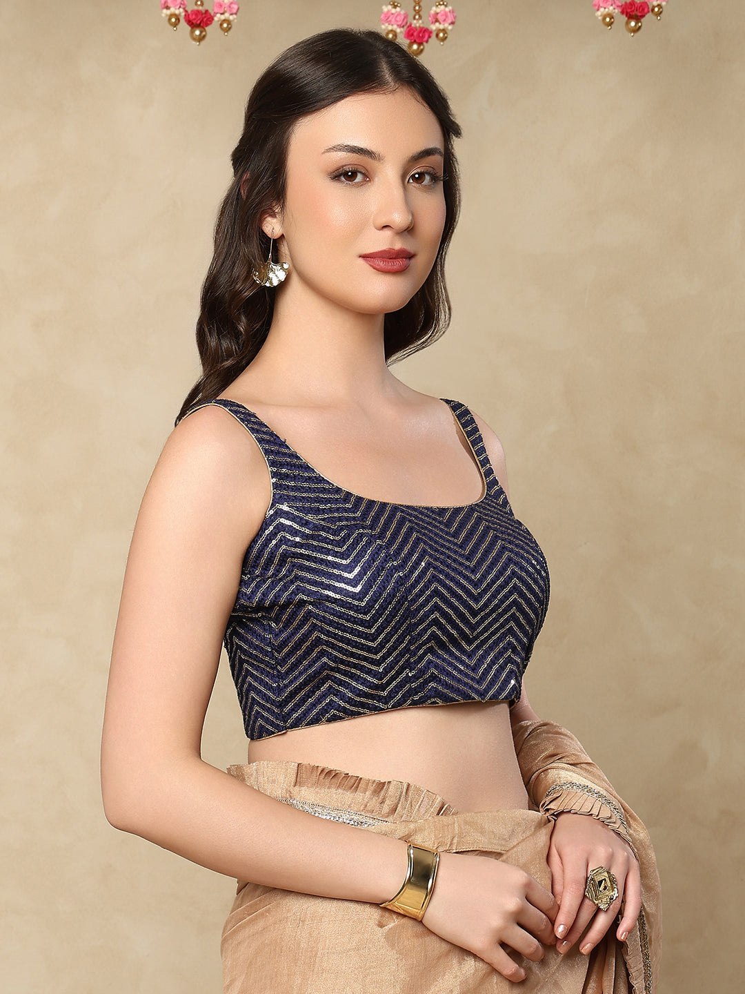 Navy Blue Silk Embroidered Sleeveless Readymade Blouse