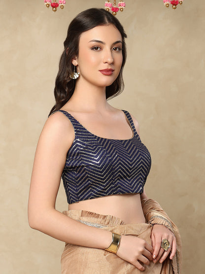 Navy Blue Silk Embroidered Sleeveless Readymade Blouse