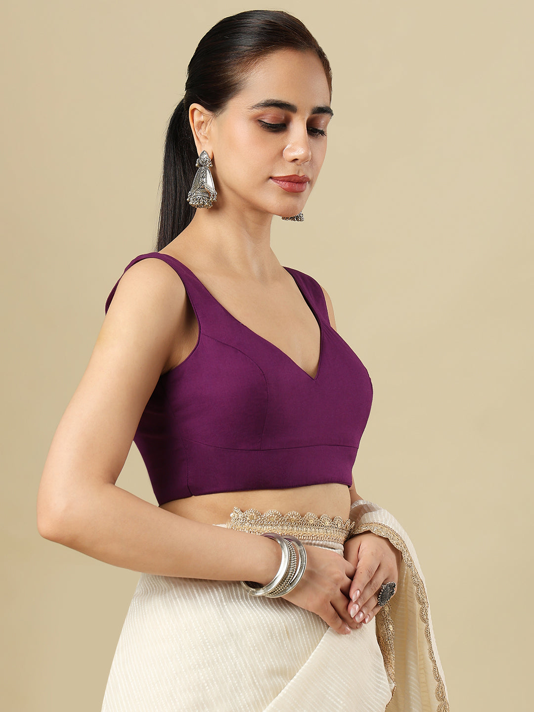 Purple Cotton Sleeveless Padded Saree Blouse