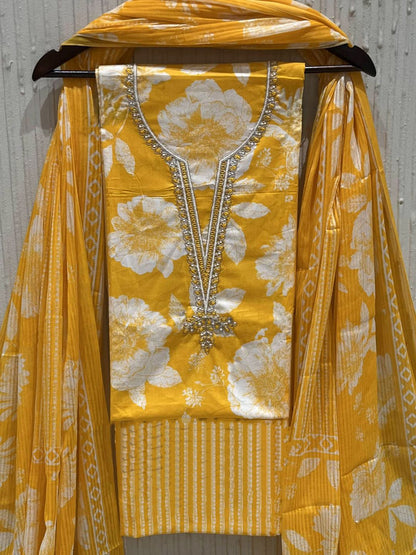 Yellow Cotton printed Unstitched Dress Material