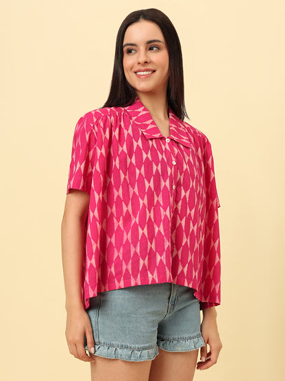 Pink Cotton Printed Oversized Casual Shirt