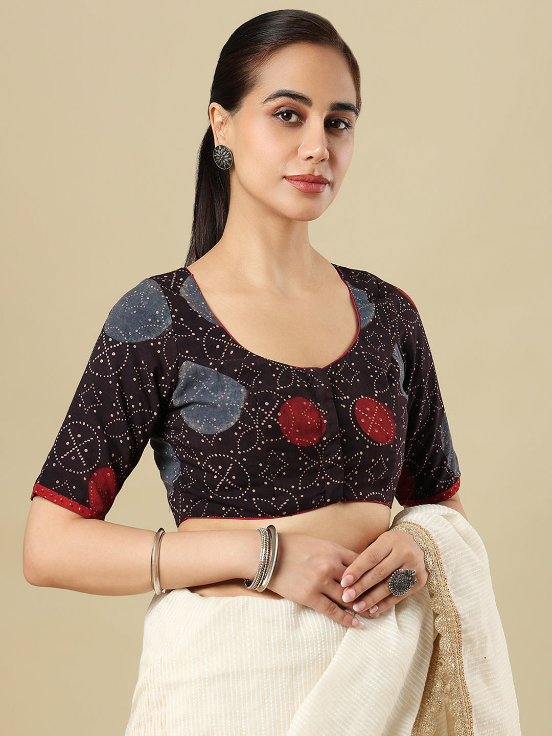 Ajrakh Block Printed Cotton Round Neck Non-Padded Saree Blouse