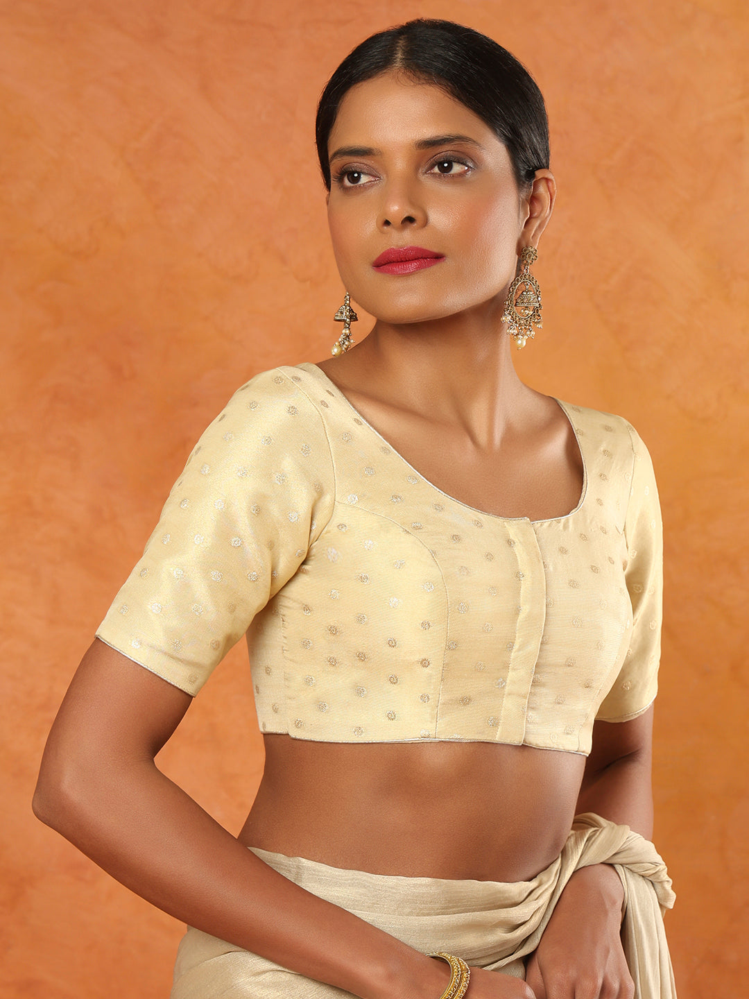 Golden Tissue Round Neck Readymade Blouse