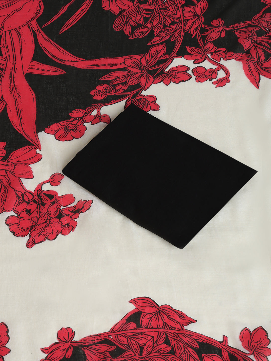 Cotton Embroidered Black & Red Unstitched Dress Material