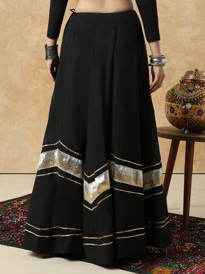 Black Embellished Lace Work Garba Cotton Readymade Skirt For Navratri