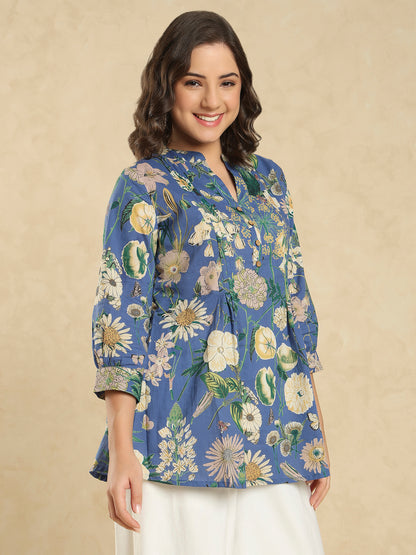 Lavender Cotton Floral Printed Short Kurti