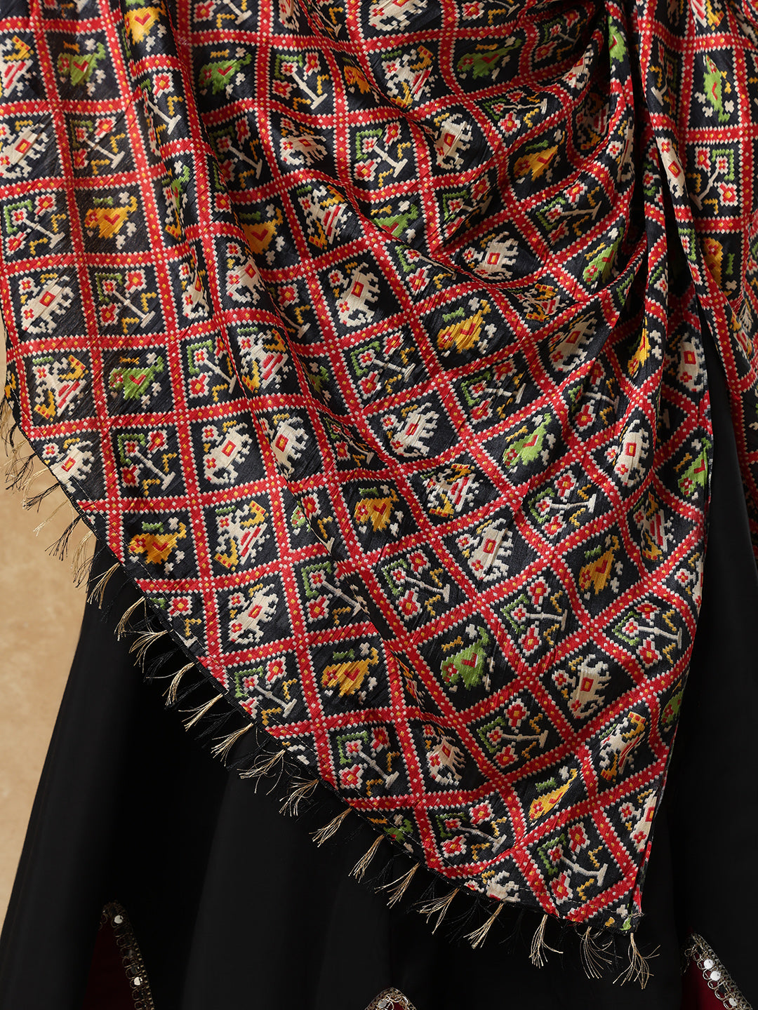 Black Silk Patola Printed Festive Garba Dupatta For Navratri