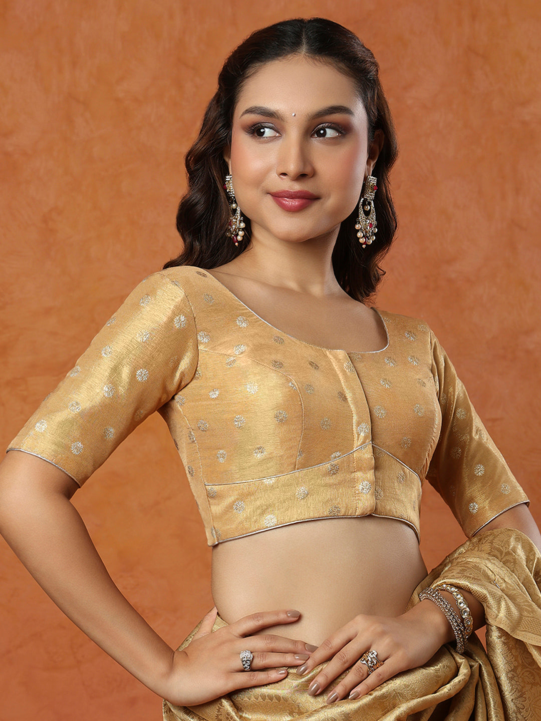 Copper Tissue Round Neck Readymade Blouse