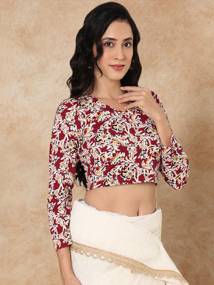 Multicolour Cotton Kalamkari Stretchable Readymade Blouse