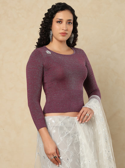 Wine Woolen Round Neck Readymade Blouse