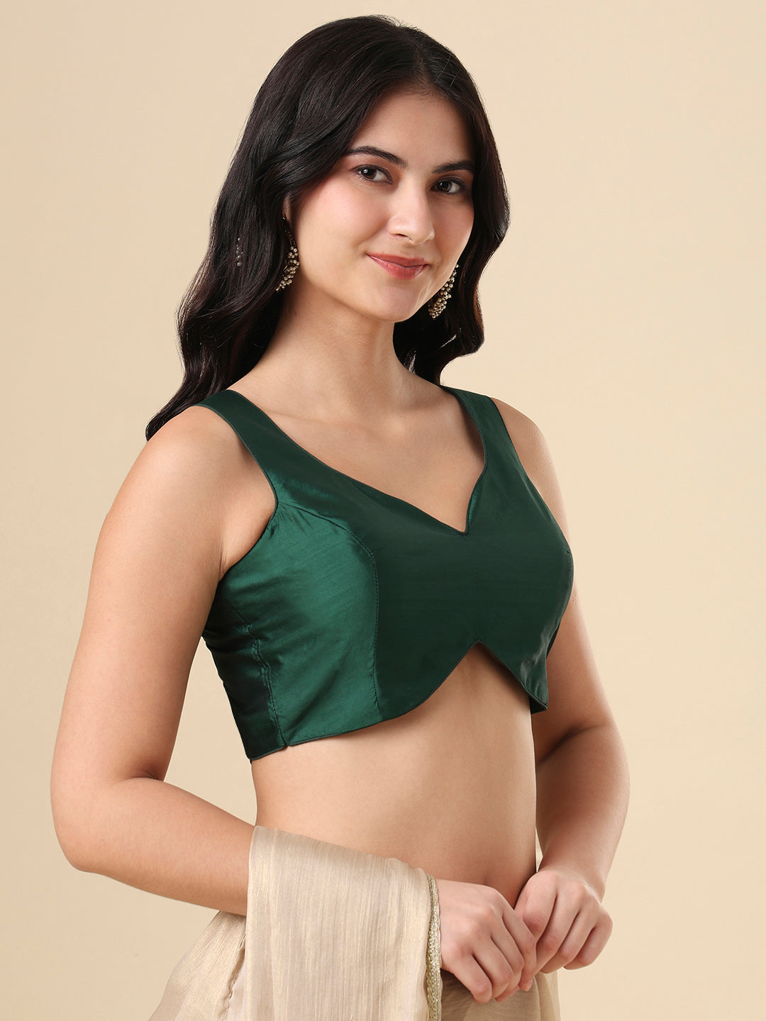 Green Silk Sleeveless Readymade Blouse