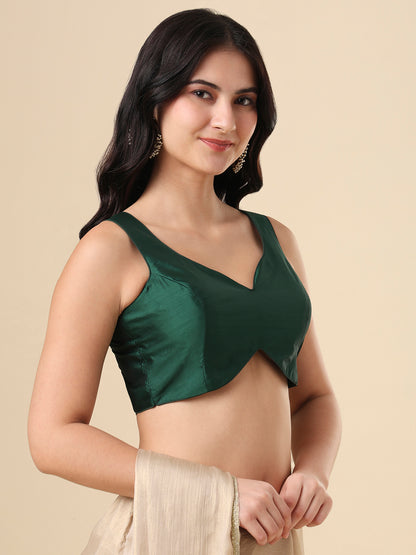 Green Silk Sleeveless Readymade Blouse