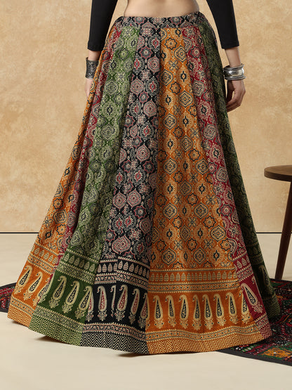 Multicolour Cotton Printed Garba Readymade Skirt For Navratri