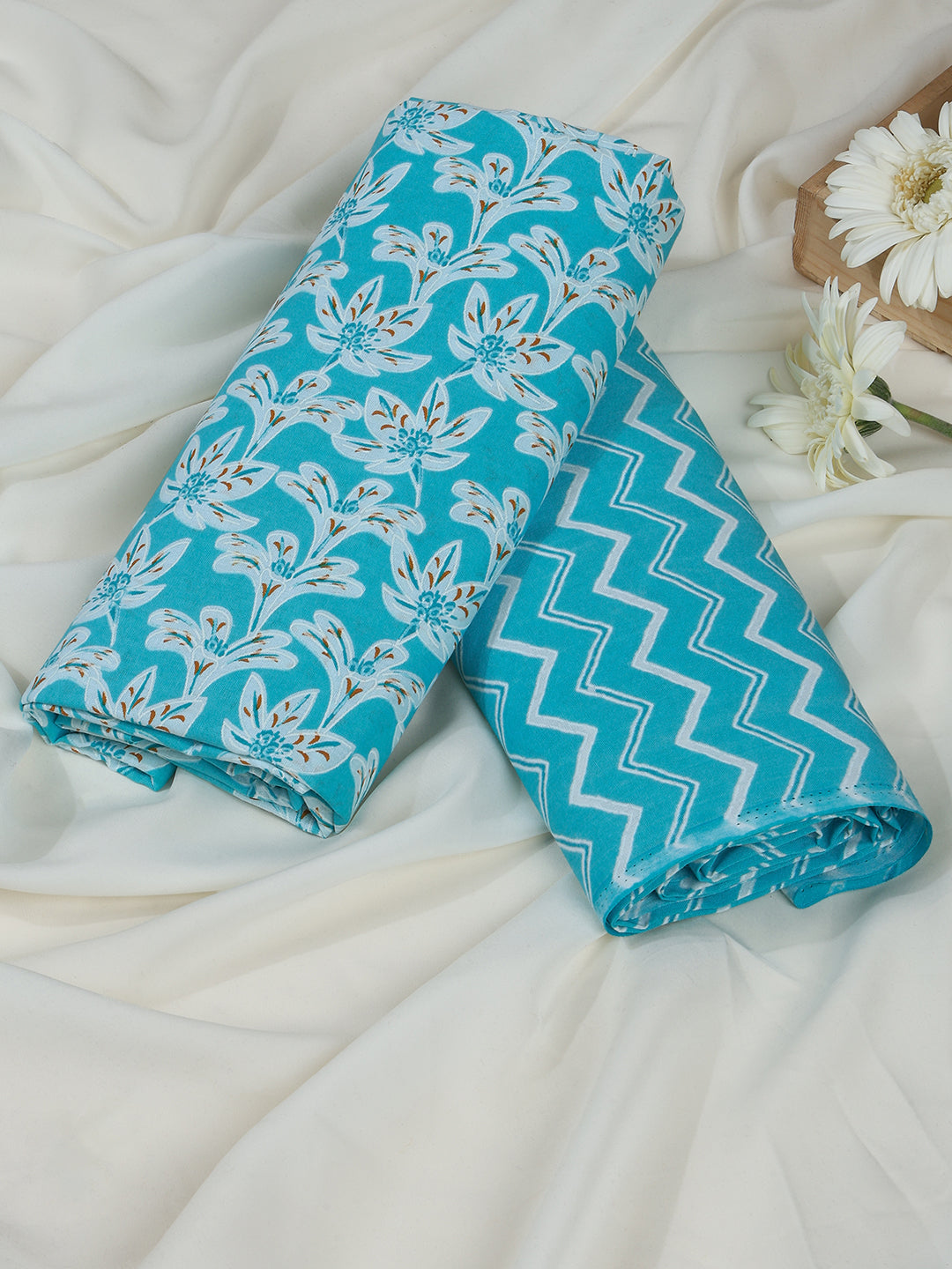 Sky Blue Cotton Printed Unstitched Dress Material (2 Pc)