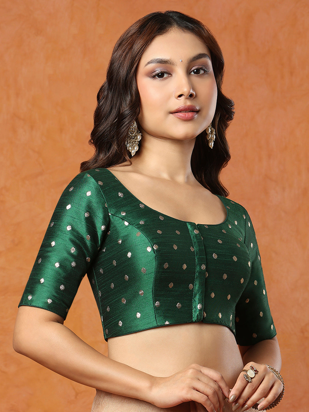Green Brocade Round Neck Readymade Blouse
