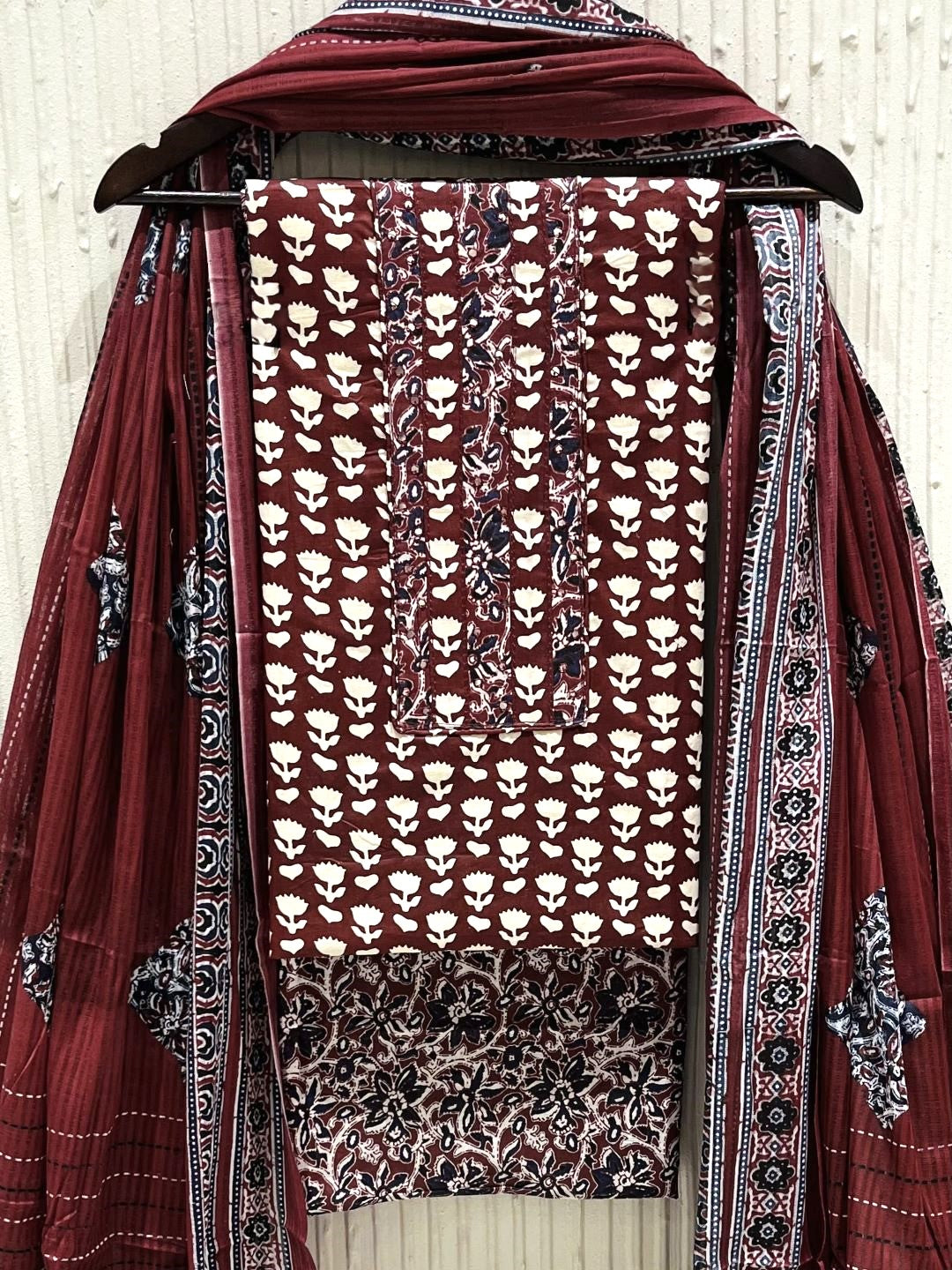 Maroon Cotton printed Unstitched Dress Material