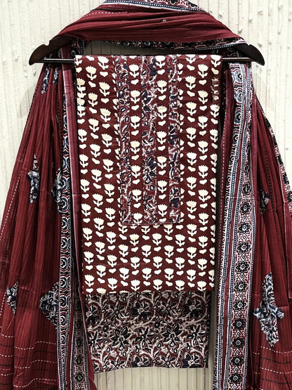 Maroon Cotton printed Unstitched Dress Material
