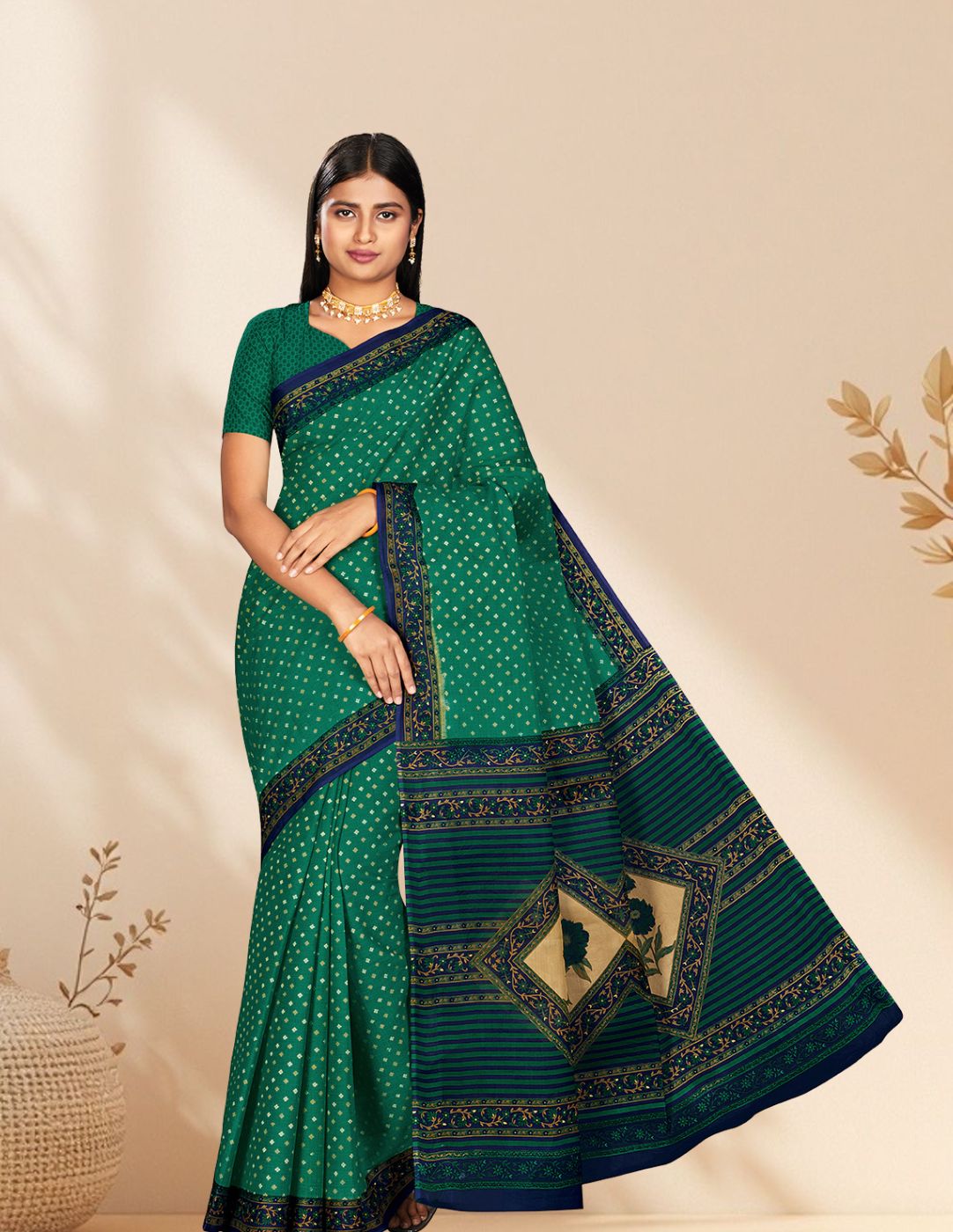 KERALA BEAUTY Green Printed Pure Cotton Saree