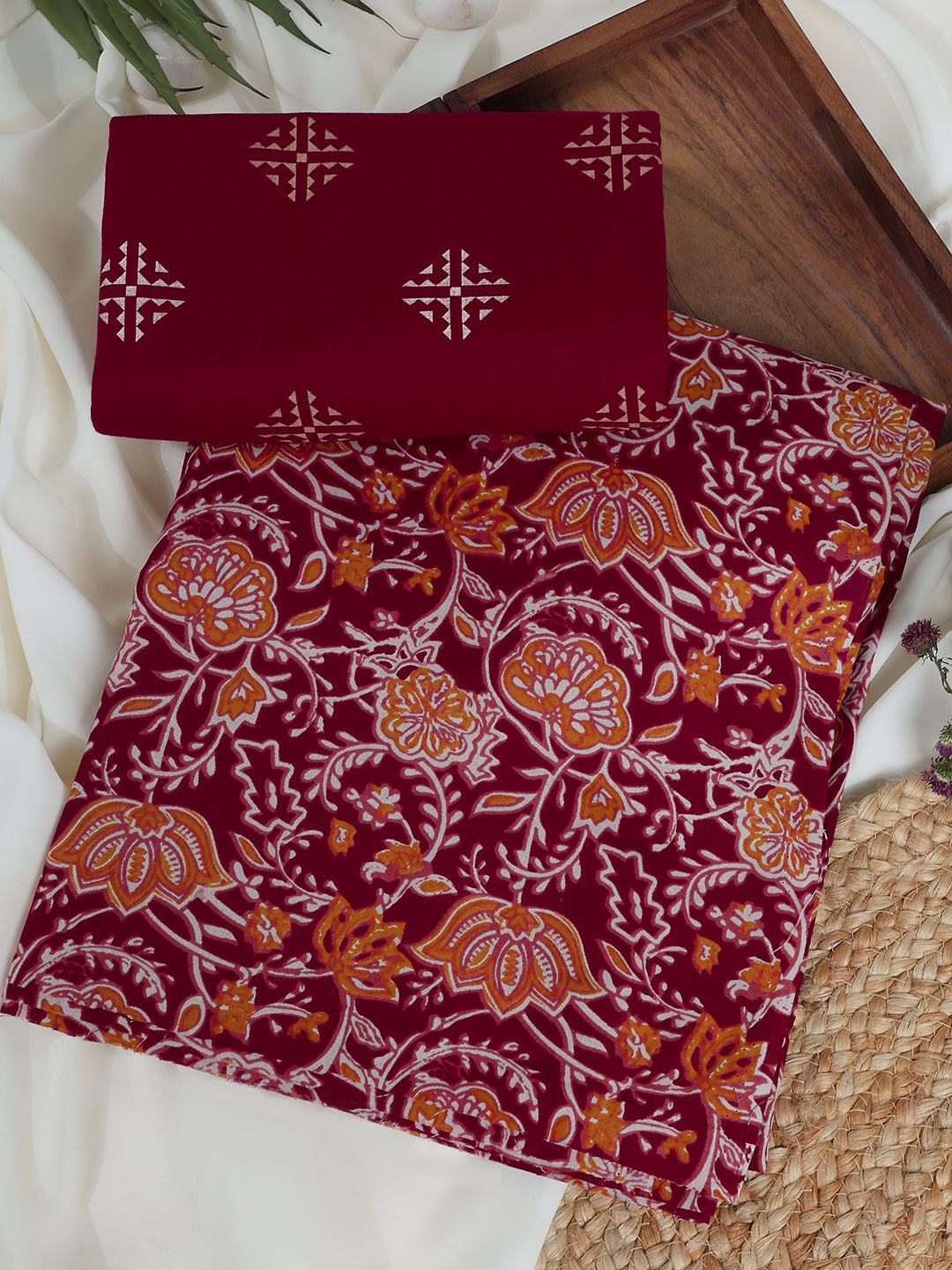 Red Cotton Printed Unstitched Dress Material (2 Pc)