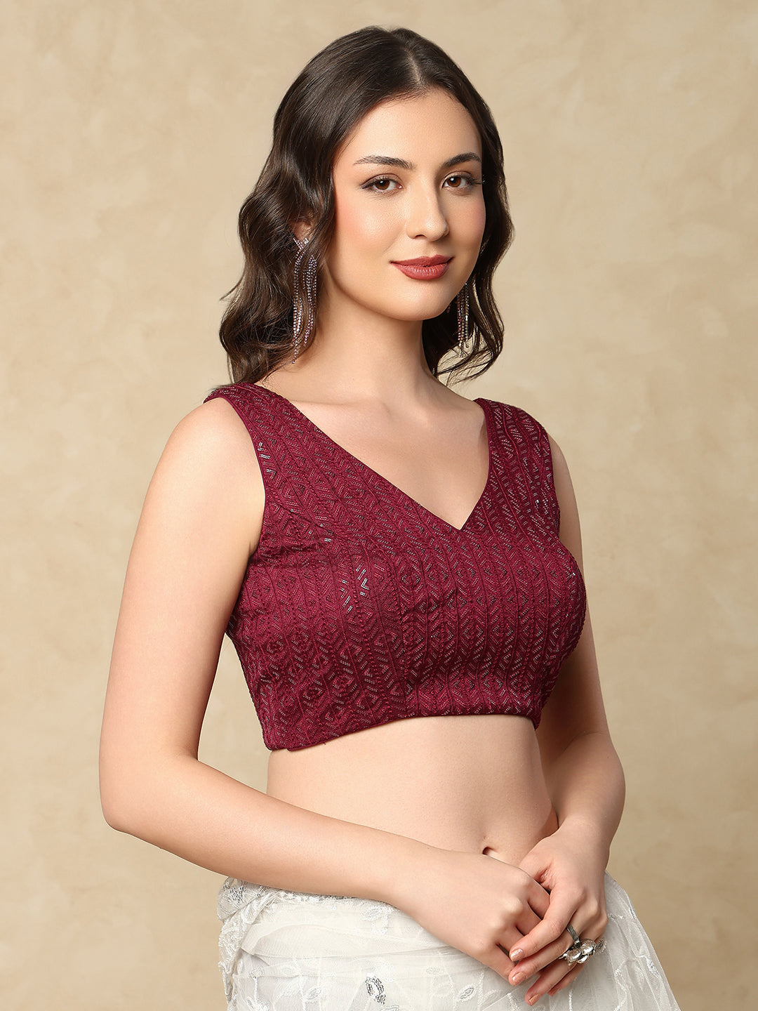 Wine Georgette Sleeveless Readymade Blouse