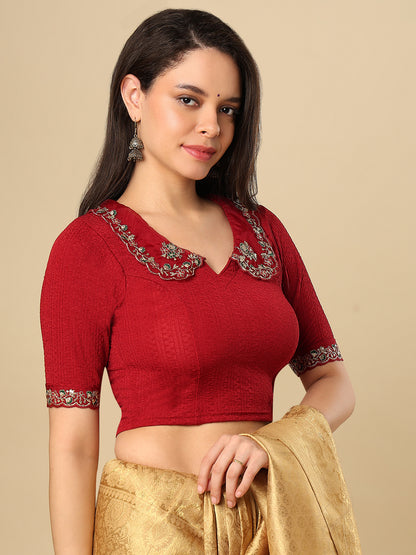 Maroon Embroidered Non Padded Stretchable Saree Blouse