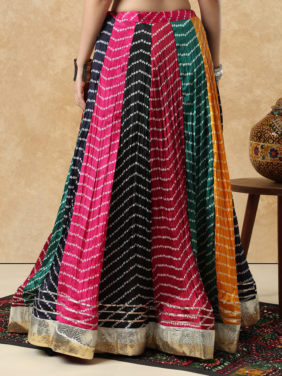 Multicolour Silk Bandhani Printed Garba Readymade Skirt For Navratri