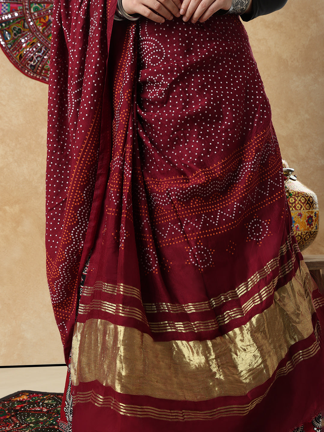 Maroon Silk Bandhani Printed Festive Garba Dupatta For Navratri