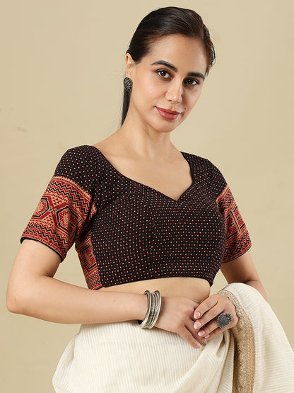 Black Ajrakh Printed Pure Cotton Saree Blouse