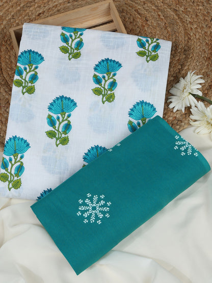 White Cotton Printed Unstitched Dress Material (2 Pc)