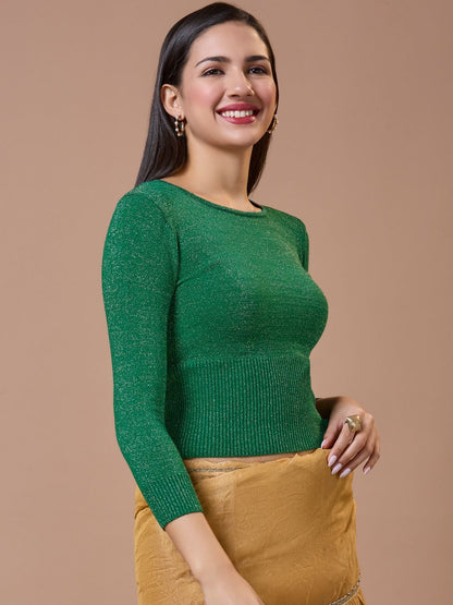 Green Woolen Round Neck Full Sleeves Stretchable Readymade Blouse