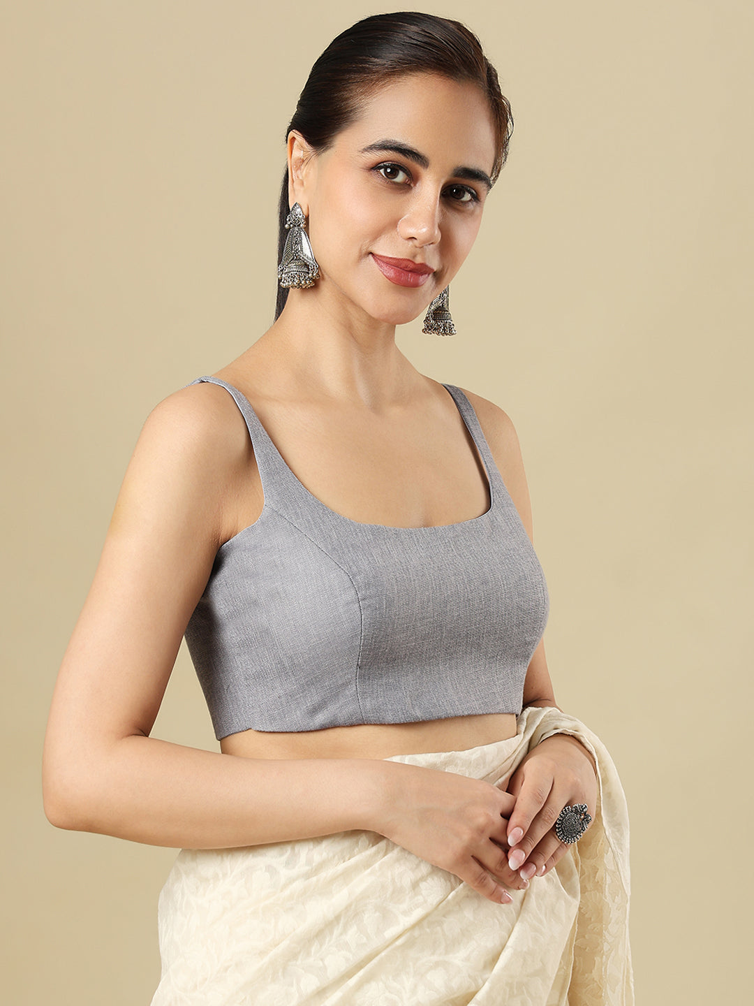 Grey Pure Linen Sleeveless Readymade Saree Blouse
