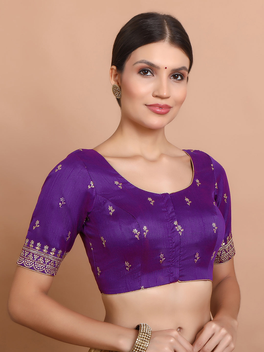 Purple Silk Embroidered Round Neck Readymade Blouse