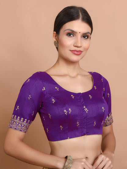 Purple Silk Embroidered Round Neck Readymade Blouse
