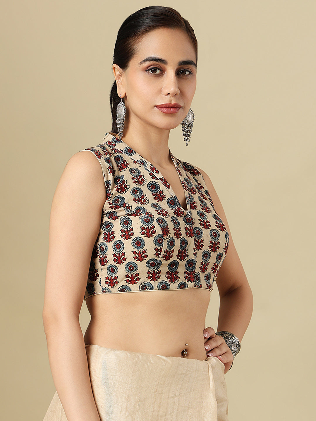 Beige Pure Cotton Ajrakh Block Printed Readymade Blouse