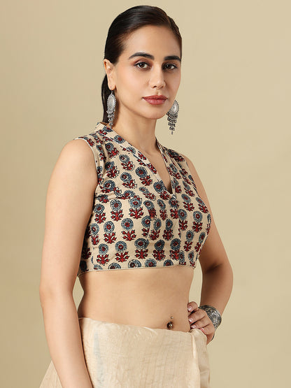Beige Pure Cotton Ajrakh Block Printed Readymade Blouse